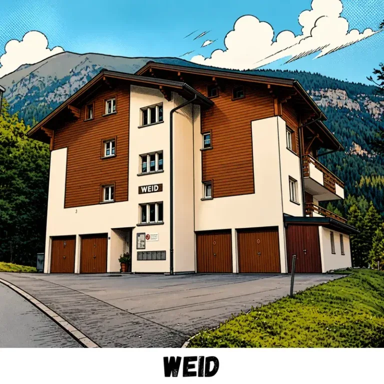 Weid traditional Swiss residential building with brown timber and white facade near forest.