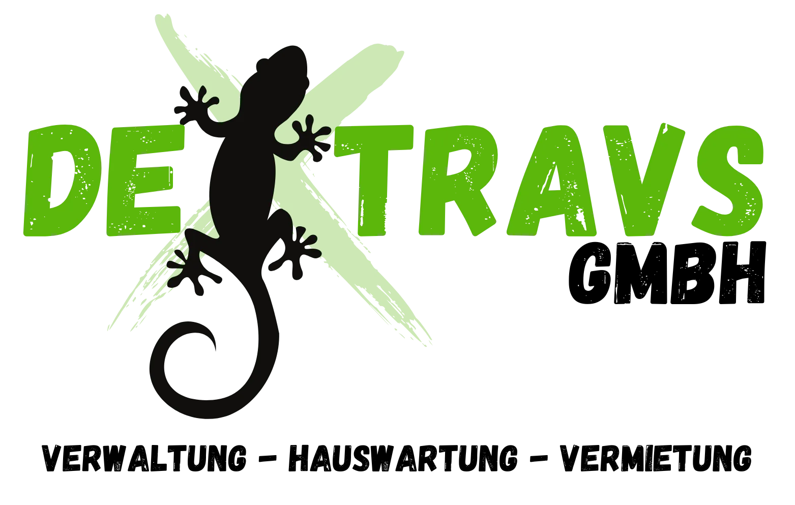 Dextravs GmbH full corporate logo with gecko mascot and tagline Verwaltung Hauswartung Vermietung.