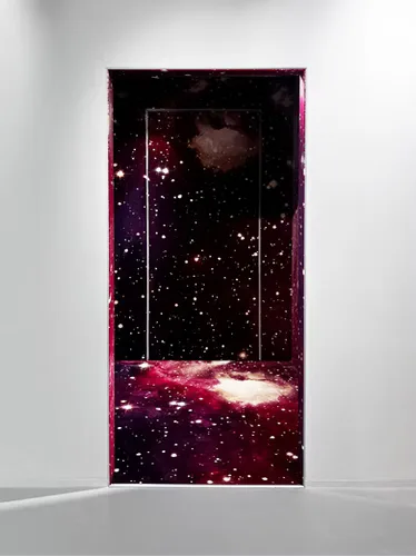 Smaller-scale image of the galaxy-printed mirror portal artwork displayed in a clean gallery setting.