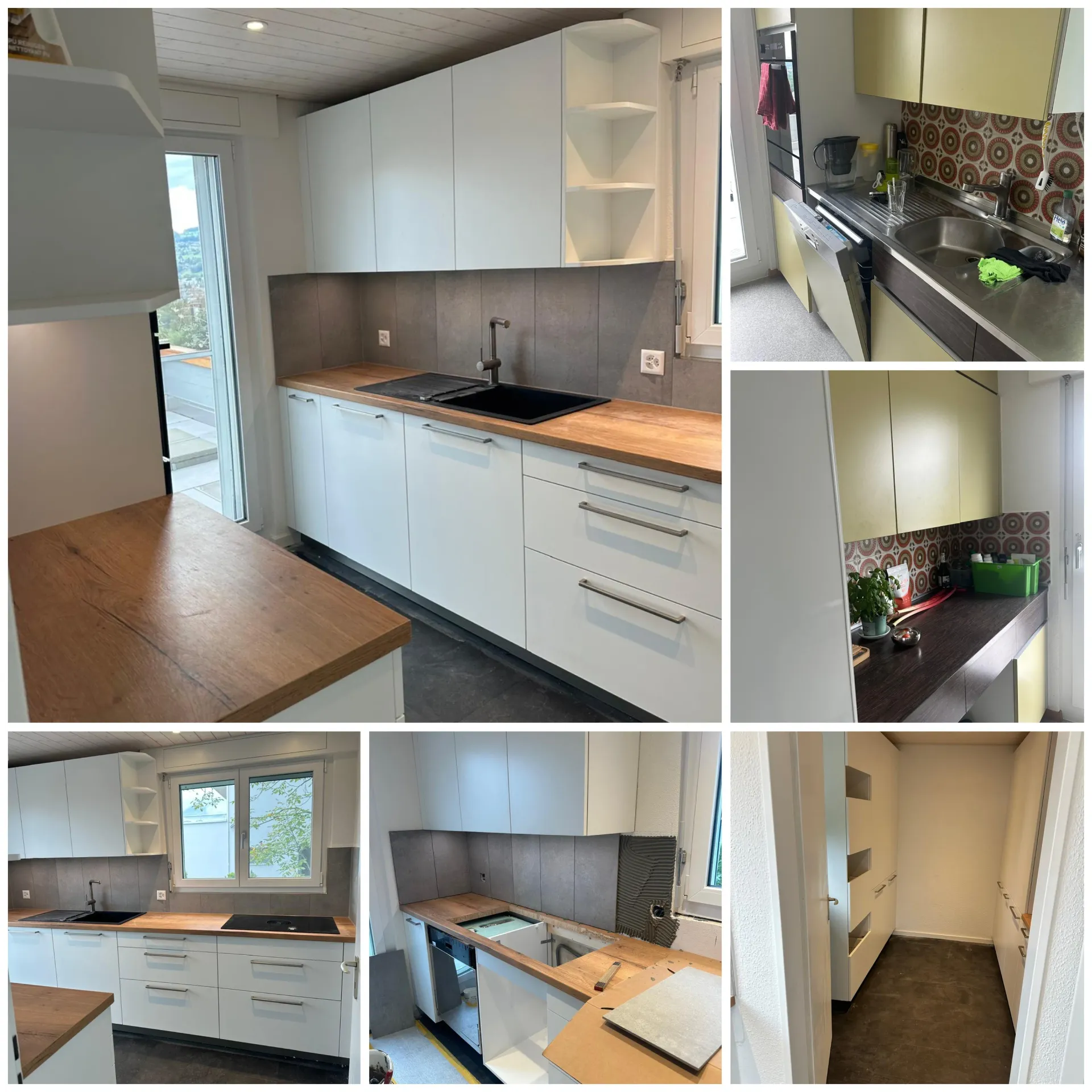 Kitchen renovation collage showing old yellow cabinets replaced with sleek white units and wood worktops.