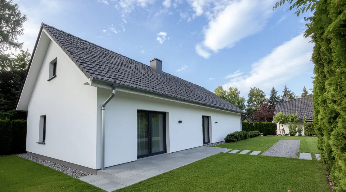 Ein Schweizer Einfamilienhaus mit Solaranlage auf dem Dach und einer Wärmepumpe im Garten, das während einer Modernisierung zur Energieeffizienz steht.