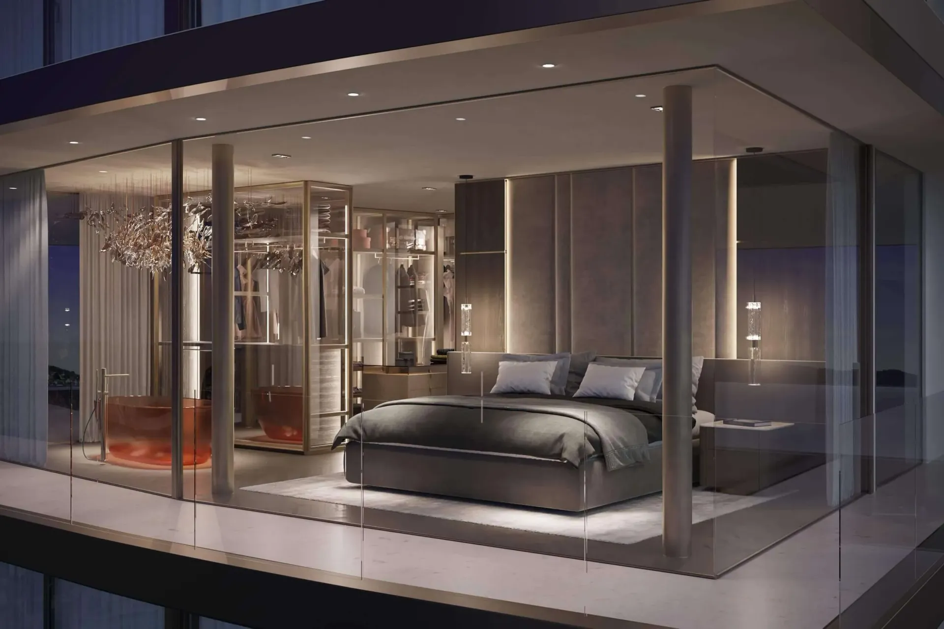 Contemporary open-plan living and dining area with dark sectional sofa, marble coffee table, and fireplace.