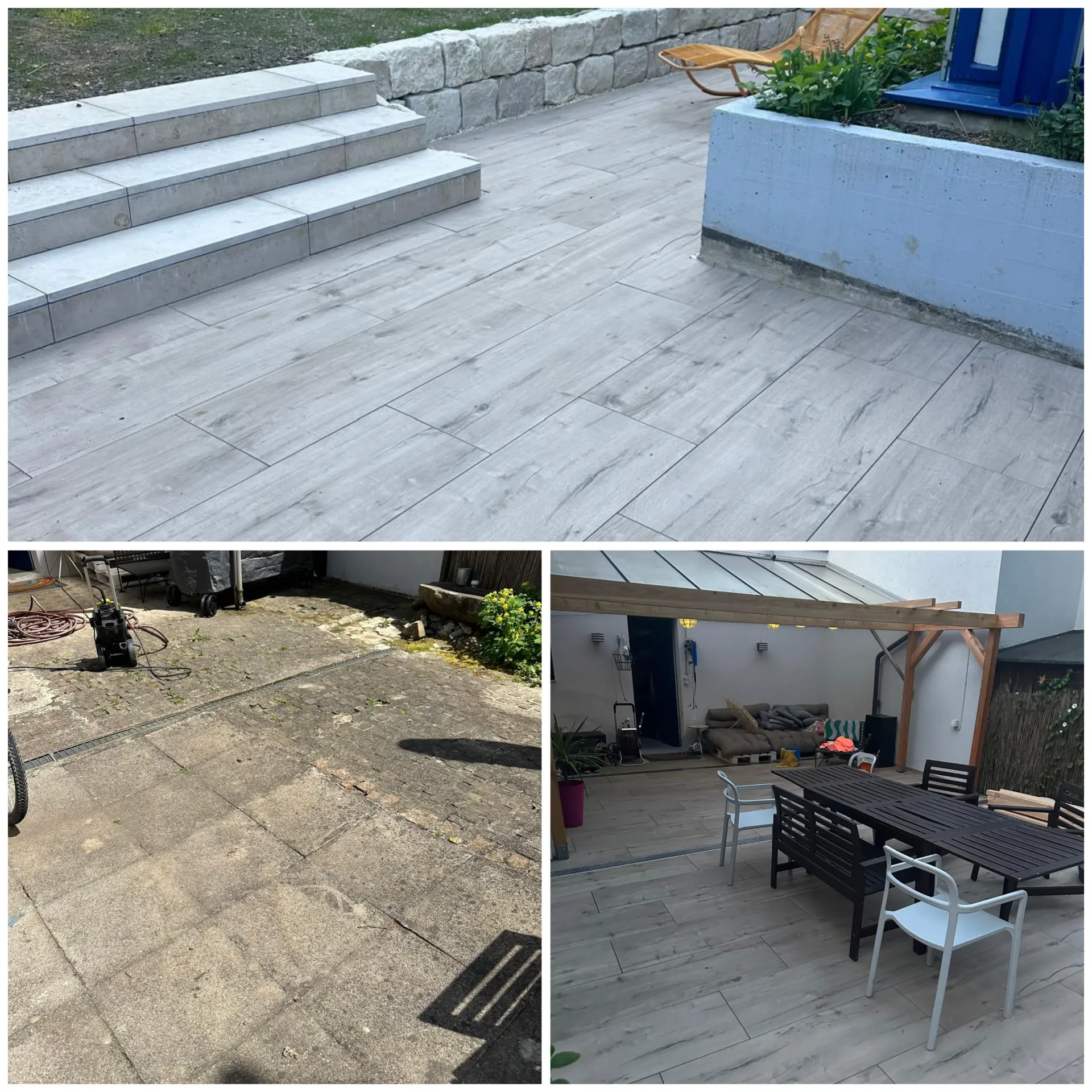 Outdoor terrace before-and-after showing worn concrete replaced with elegant wood-effect porcelain tiles and steps.