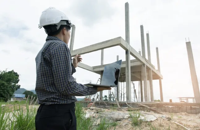 Eine Person plant eine Haussanierung am Laptop mit einem Modernisierungsrechner, umgeben von Bauplänen in einem Schweizer Wohnzimmer.