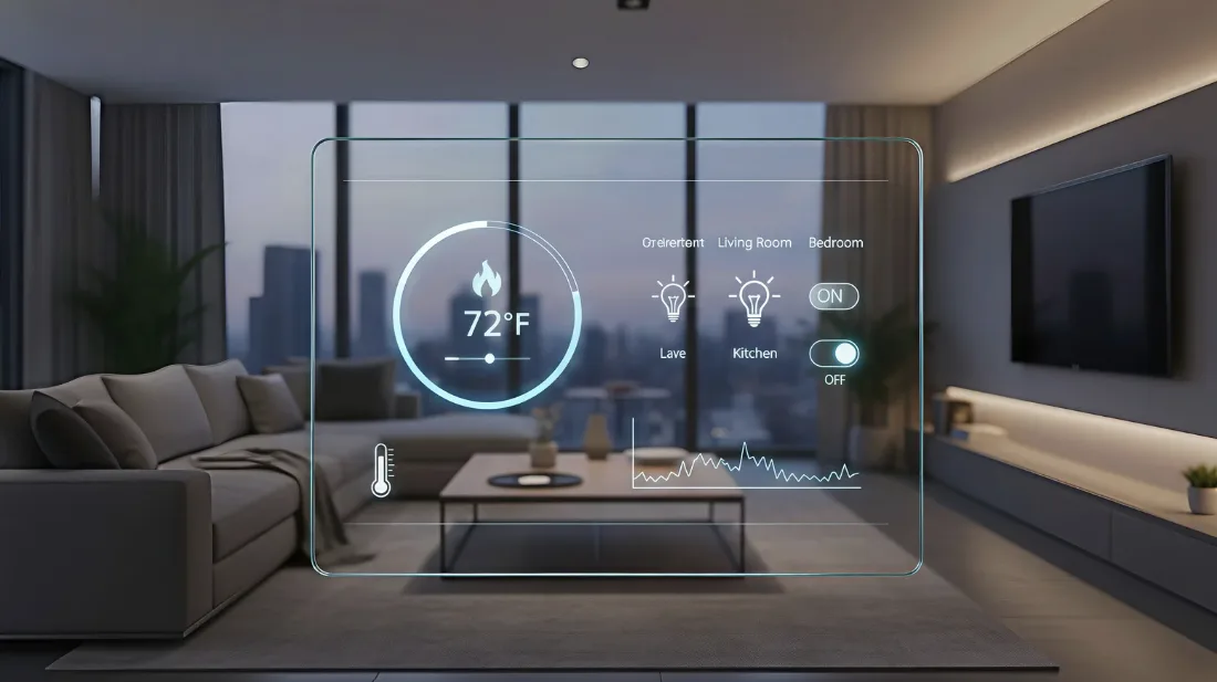 Moderne Schweizer Wohnung mit diskret integrierter Smart-Home-Technologie: Ein helles Wohnzimmer mit Smart-Thermostat an der Wand, Steuerungspanel und energiesparender Beleuchtung.