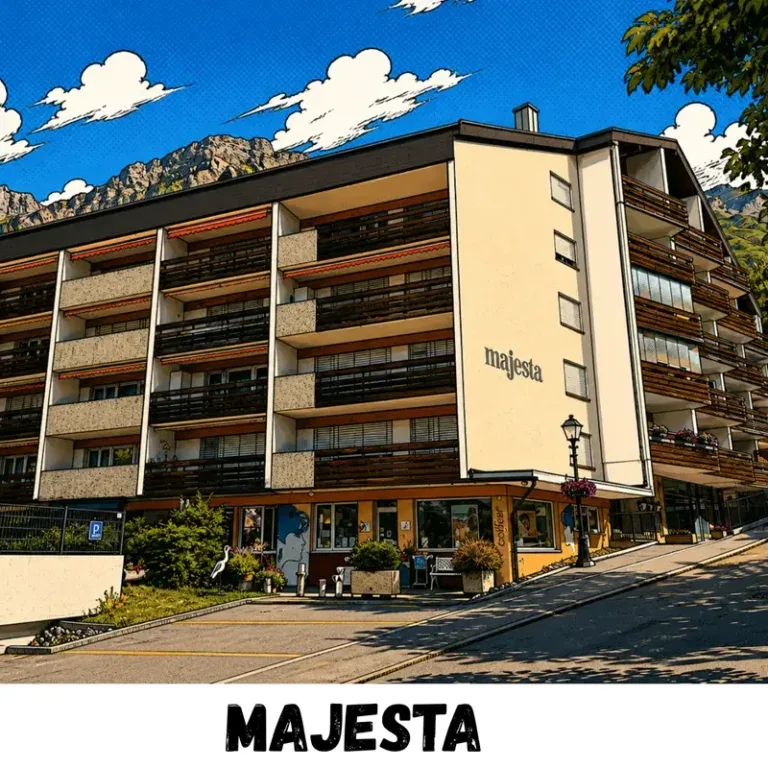 Majesta large multi-storey apartment block on a sunny alpine village street with shops below.