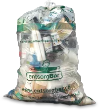 Transparent entsorgBar collection bag filled with various recyclable household items.
